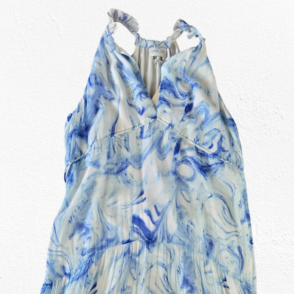 Saylor Blue Marble Print Halter Maxi Dress Sleeveless Tassel Belt Size Small - Picture 2 of 10